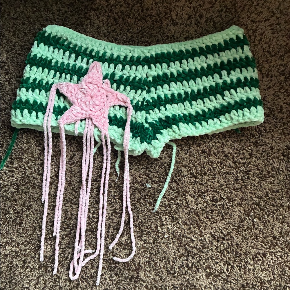 Dolls Kill Green Striped Crochet Women's Shorts with Pink Star Accent